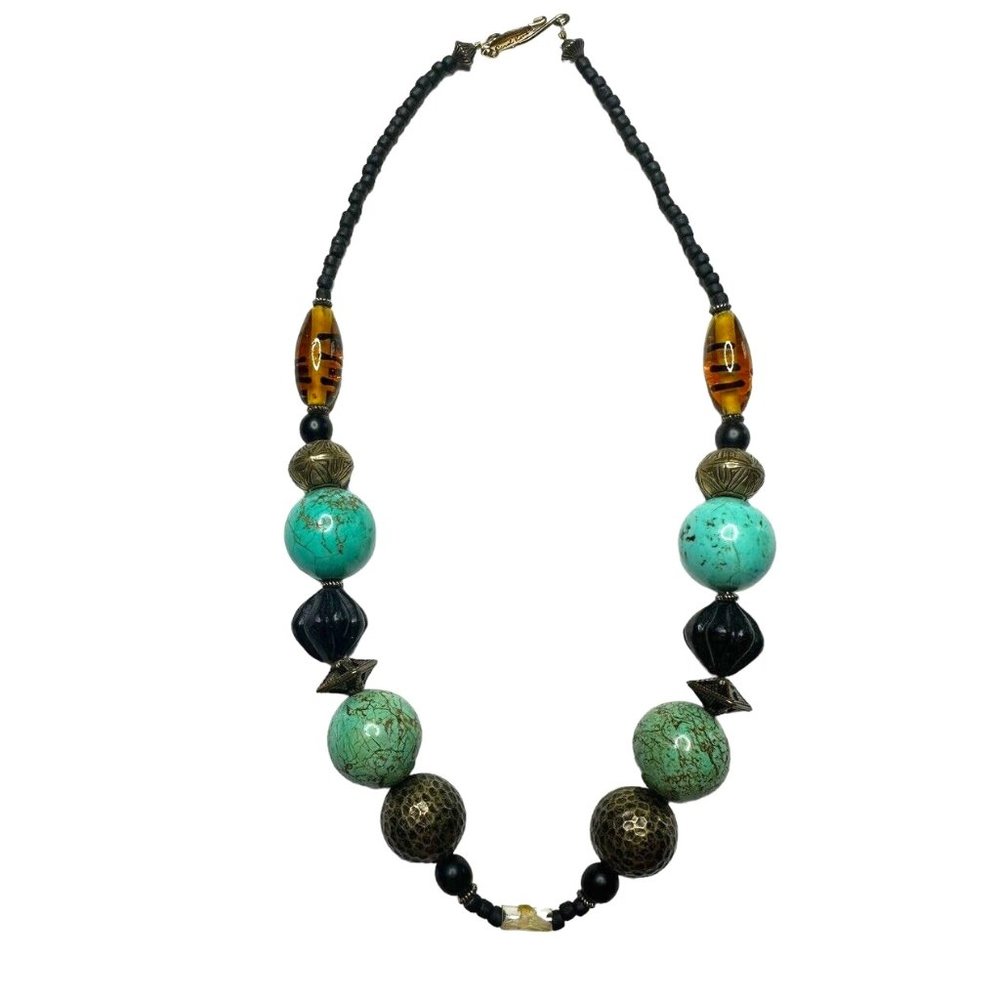 VTG Carol Kent Necklace Turquoise Metal Glass Beads Gemstone Green Brown…